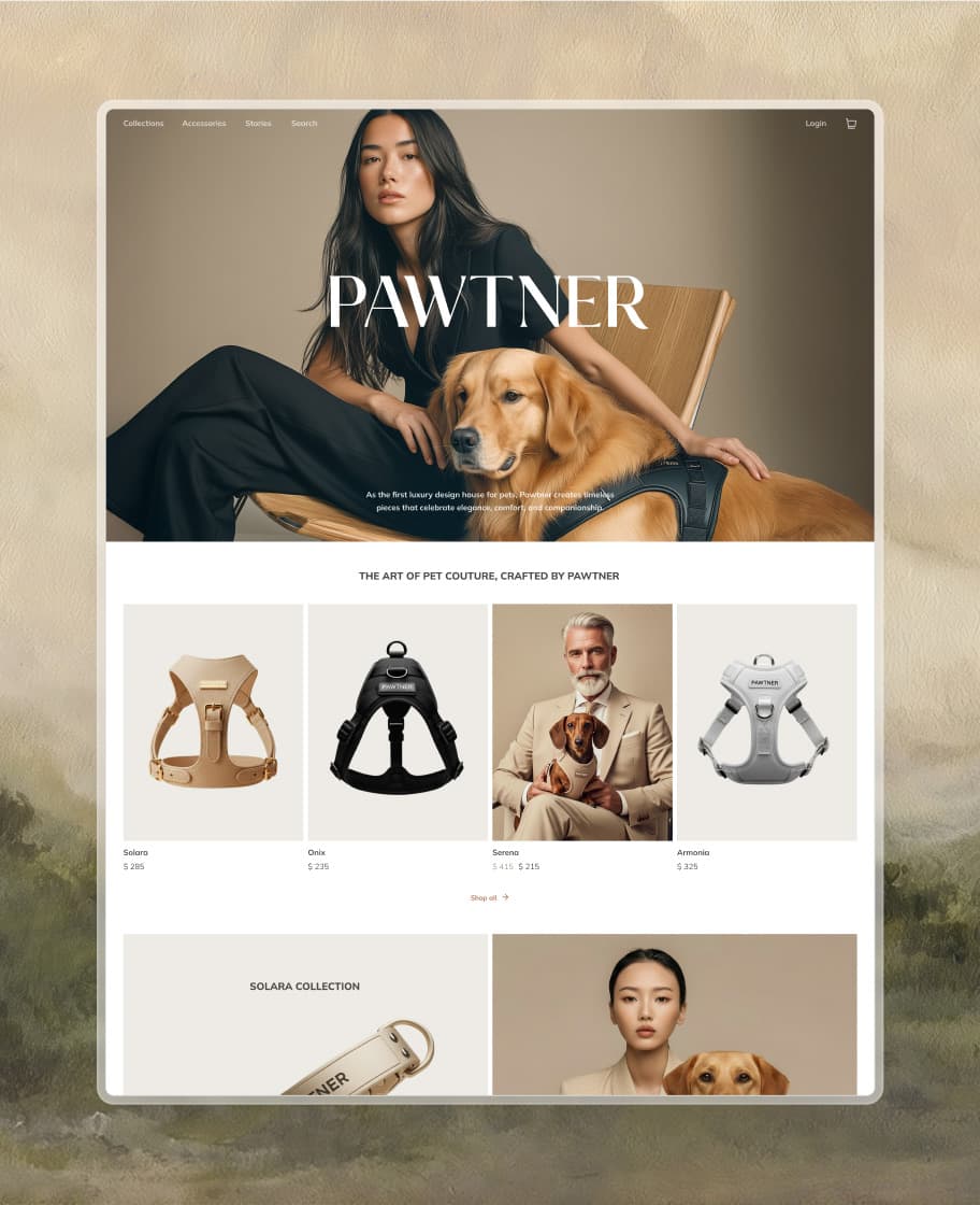 A home da Pawtner, com uma mulher e seu golden retriever no hero, sobre um céu pintado